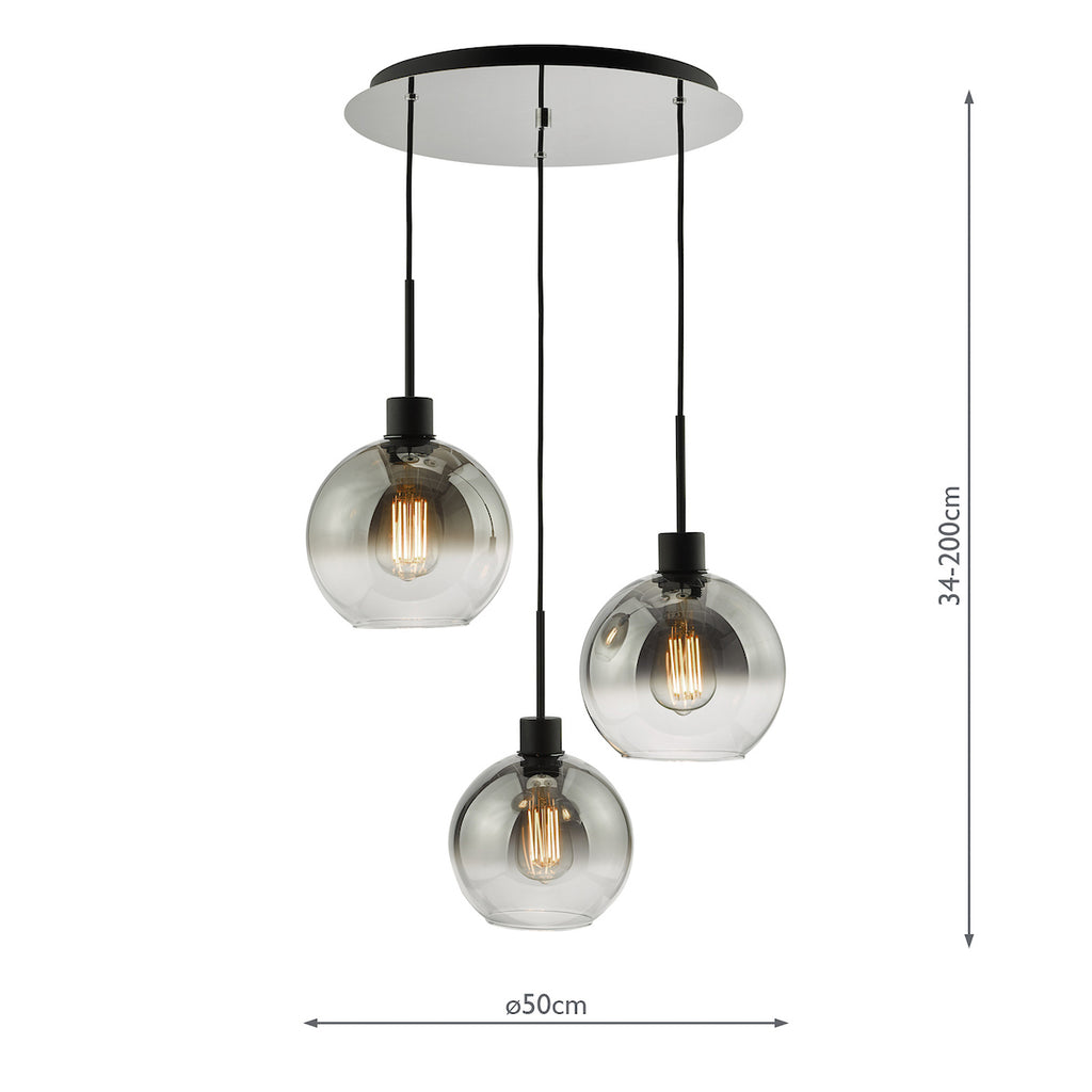 Lycia 3 Light Cluster Pendant Matt Black Smoked Ombre Glass<br>Matt Black