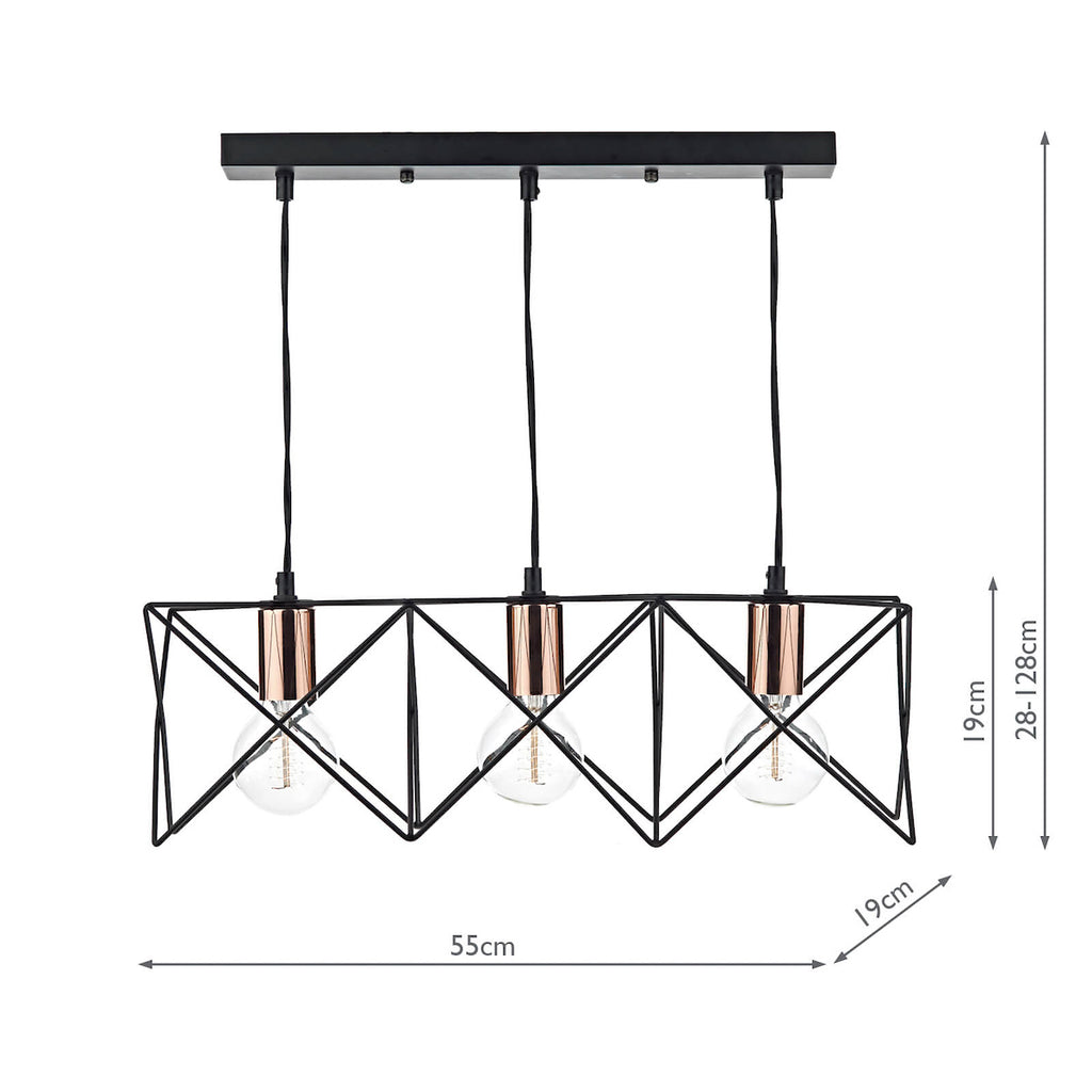 Midi 3 Light Bar Pendant Black & Bright Copper Detail<br>Matt Black