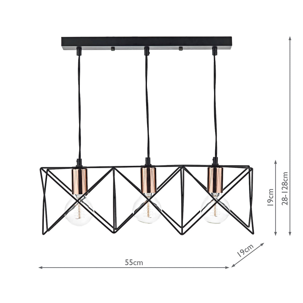 Midi 3 Light Bar Pendant Black & Bright Copper Detail<br>Matt Black