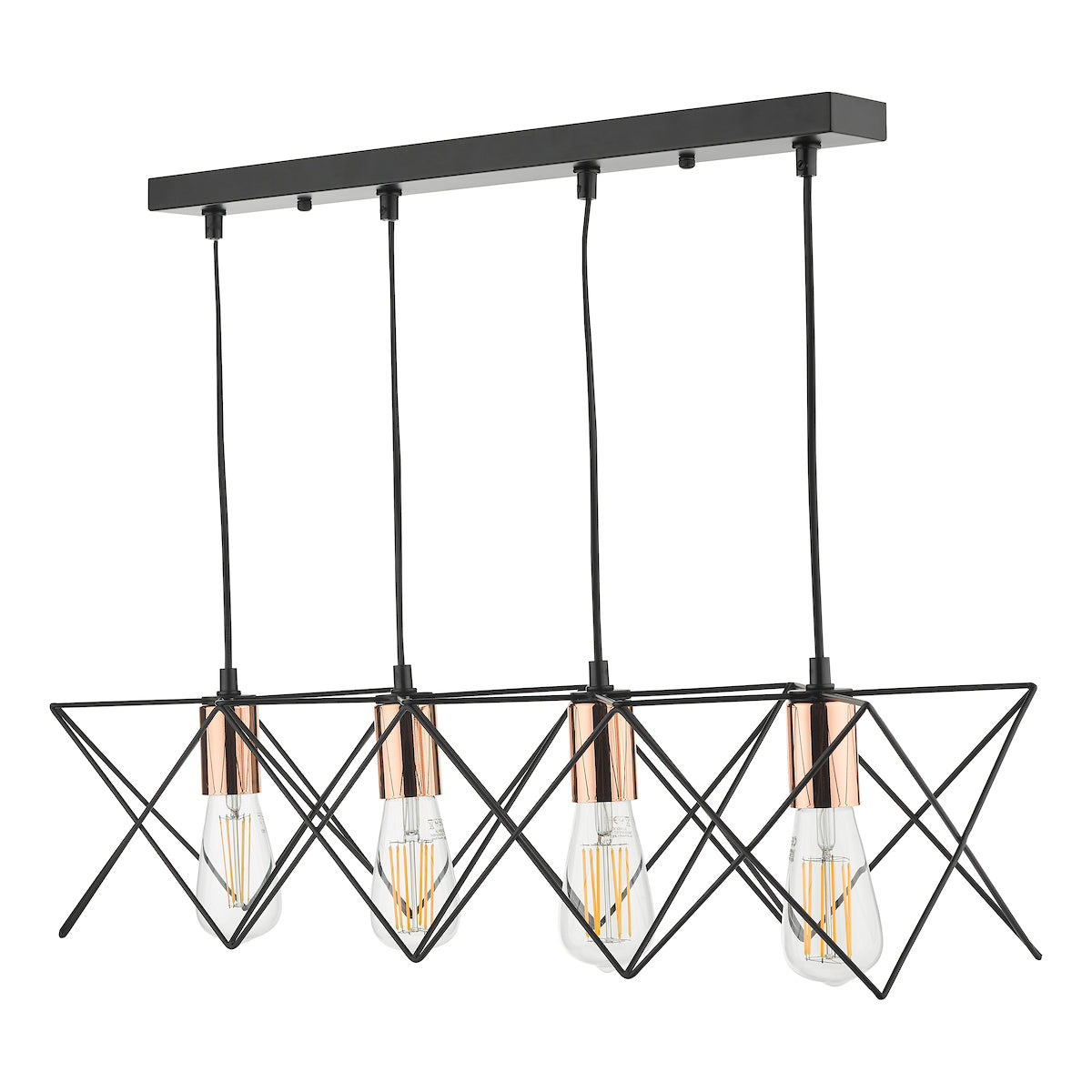 Midi 4 Light Bar Pendant Black & Copper Detail<br>Matt Black
