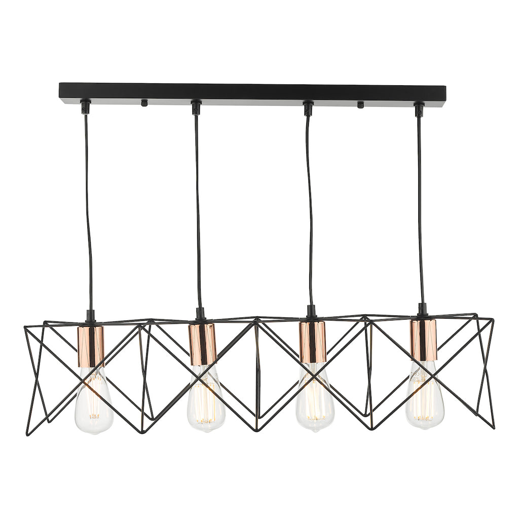 Midi 4 Light Bar Pendant Black & Copper Detail<br>Matt Black