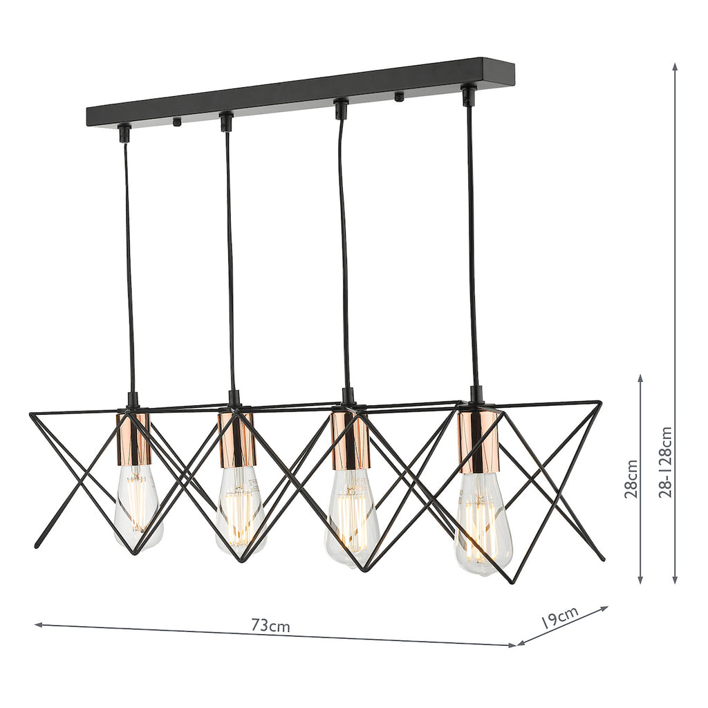Midi 4 Light Bar Pendant Black & Copper Detail<br>Matt Black