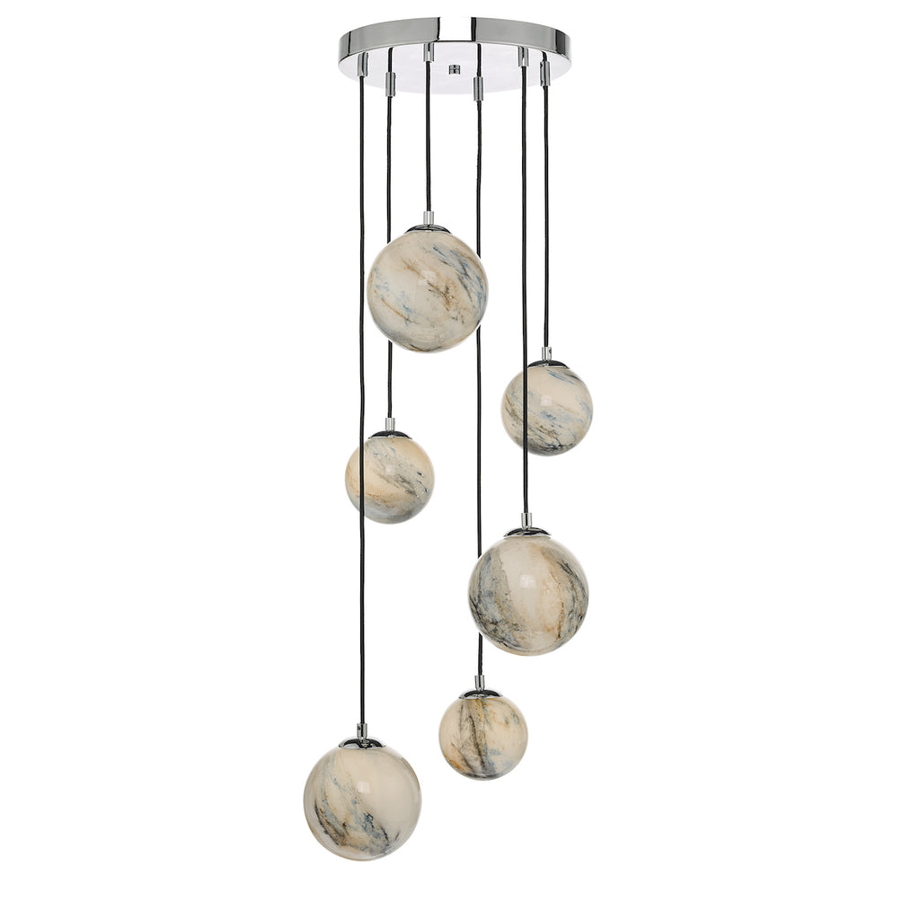 Mikara 6 Light Cluster Pendant Marble Effect Glass &amp; Polished ChromeMarble Effect Glass