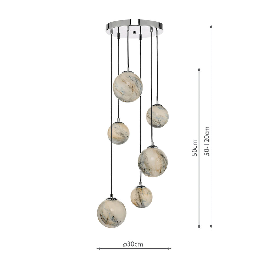 Mikara 6 Light Cluster Pendant Marble Effect Glass &amp; Polished ChromeMarble Effect Glass
