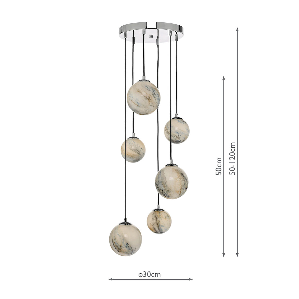 Mikara 6 Light Cluster Pendant Marble Effect Glass &amp; Polished ChromeMarble Effect Glass