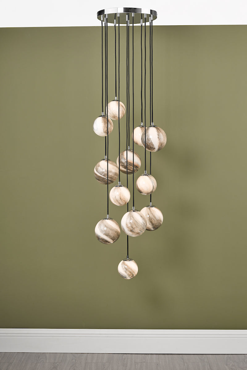 Mikara 12 Light Cluster Pendant Polished Chrome Glass 2.5M<br>Marble Effect Glass