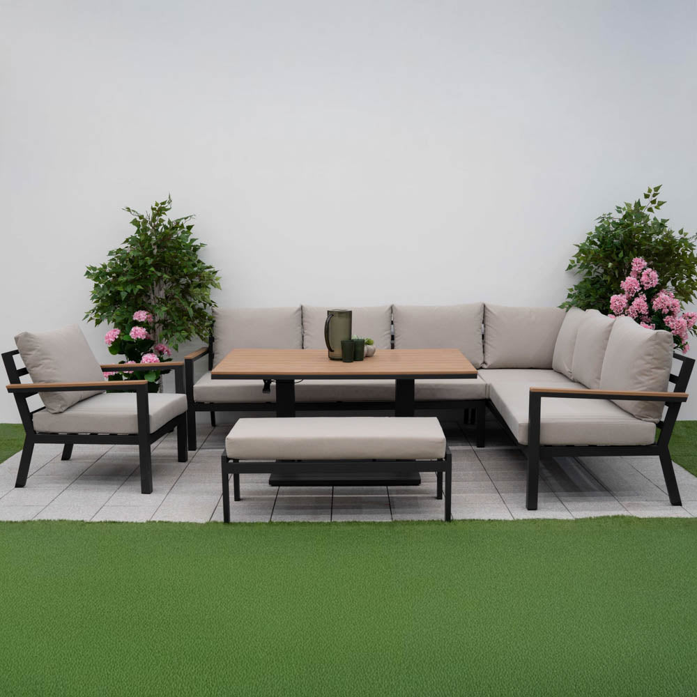 Nova <br> Heidi Right Hand Corner Sofa Lounge Dining Set with Rectangular Rising Table - Light Grey