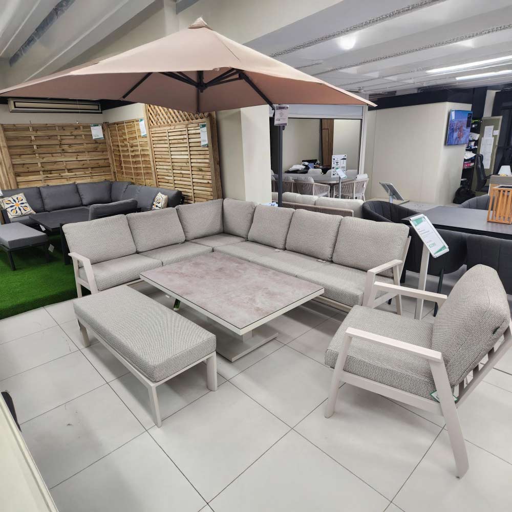 Nova <br> Phoenix L-Shaped Corner Sofa Lounge Dining Set with Rectangular Rising Table - Pebble