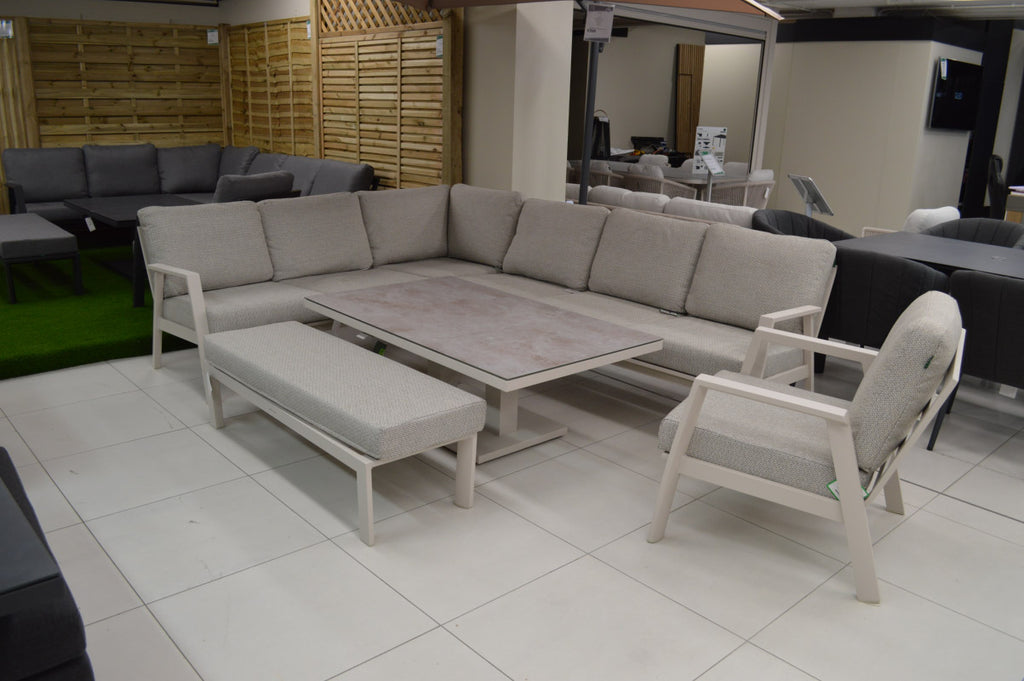 Nova <br> Phoenix L-Shaped Corner Sofa Lounge Dining Set with Rectangular Rising Table & Armchair & Stool - Pebble