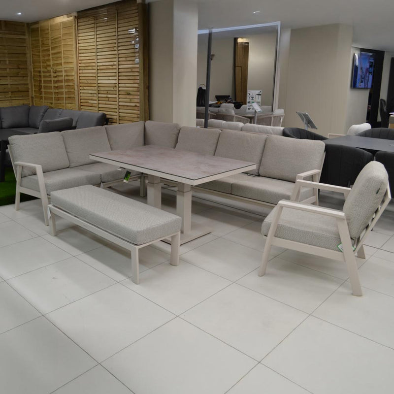 Nova <br> Phoenix L-Shaped Corner Sofa Lounge Dining Set with Rectangular Rising Table & Armchair & Stool - Pebble
