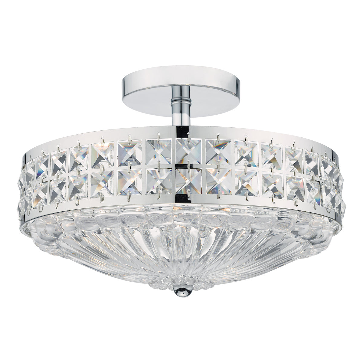Olona 3 Light Semi Flush Polished Chrome Crystal Beads and Glass Diffuser<br>Polished Chrome
