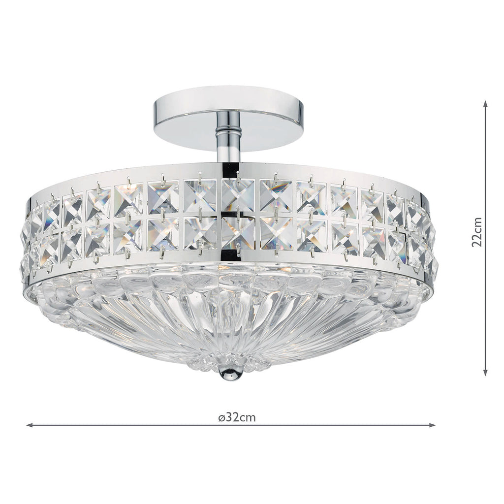 Olona 3 Light Semi Flush Polished Chrome Crystal Beads and Glass Diffuser<br>Polished Chrome