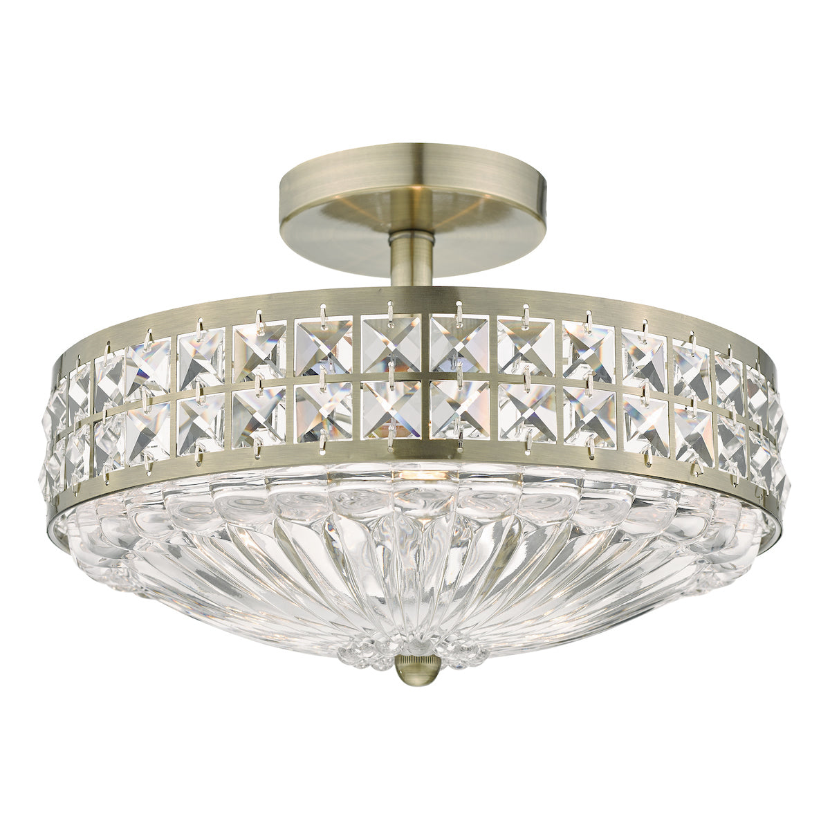 Olona 3L Light Semi Flush Antique Brass Crystal Beads and Glass Diffuser<br>Antique Brass