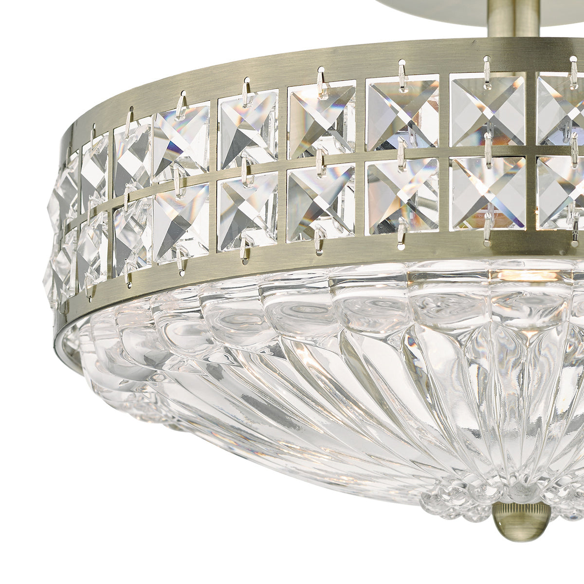 Olona 3L Light Semi Flush Antique Brass Crystal Beads and Glass Diffuser<br>Antique Brass