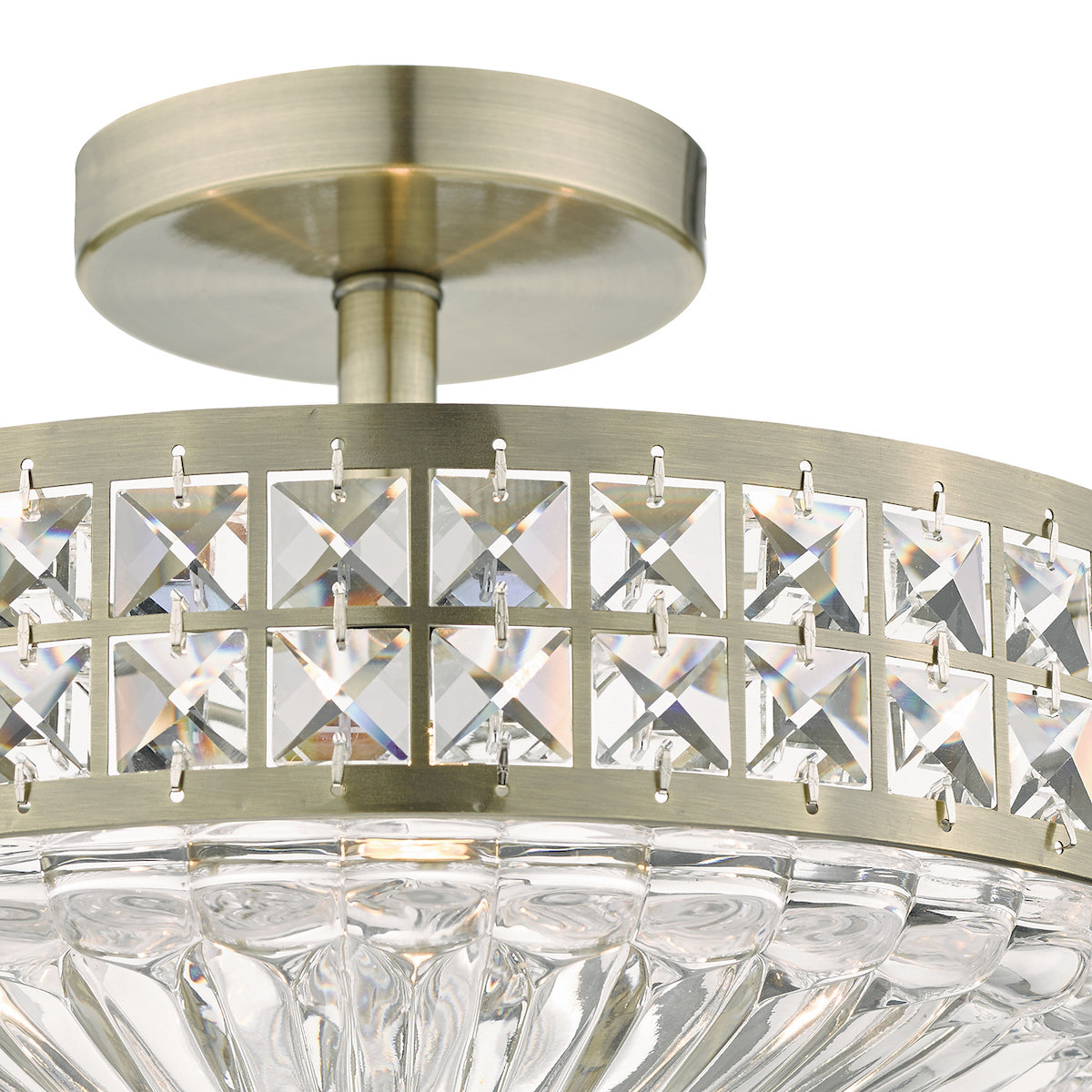 Olona 3L Light Semi Flush Antique Brass Crystal Beads and Glass Diffuser<br>Antique Brass
