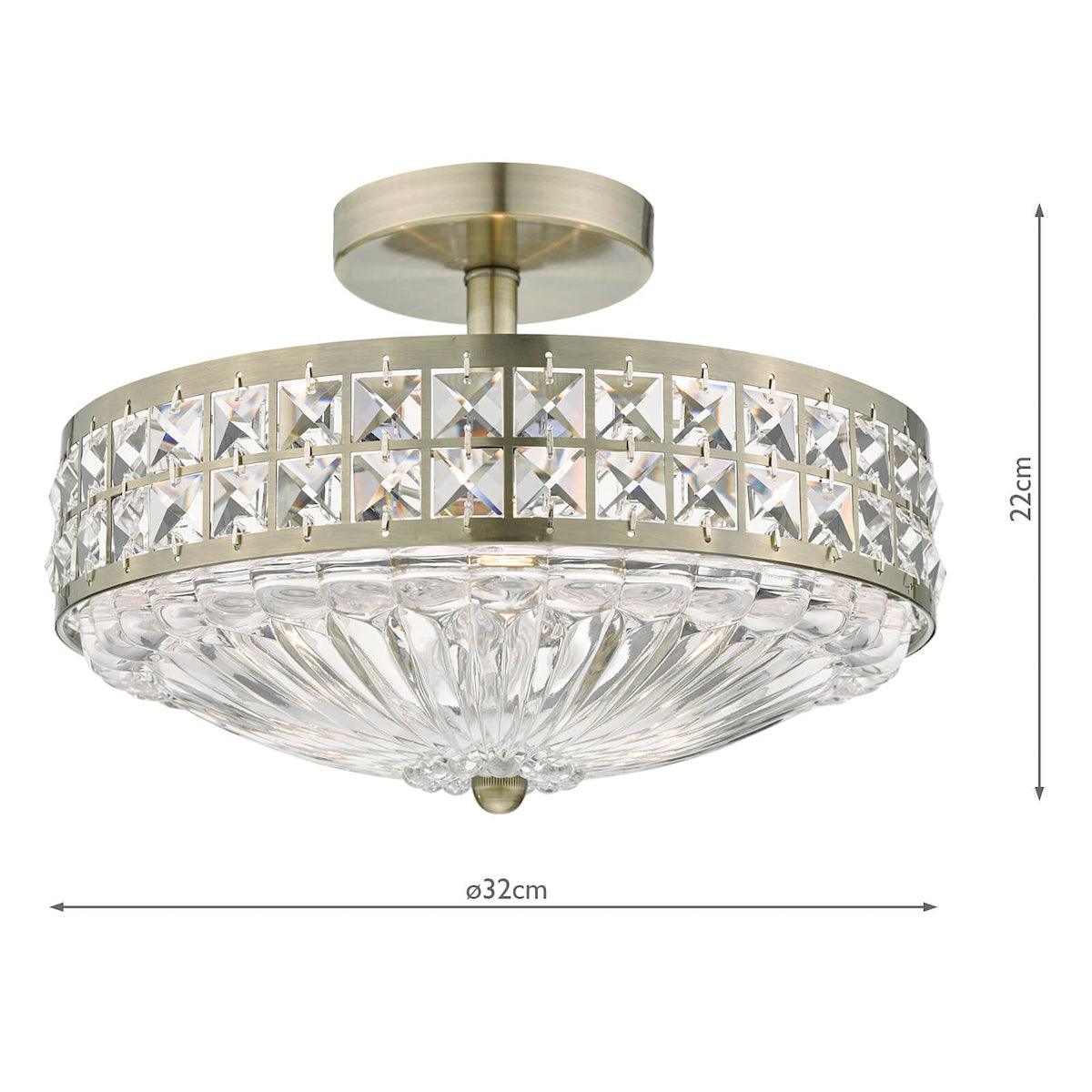 Olona 3L Light Semi Flush Antique Brass Crystal Beads and Glass Diffuser<br>Antique Brass
