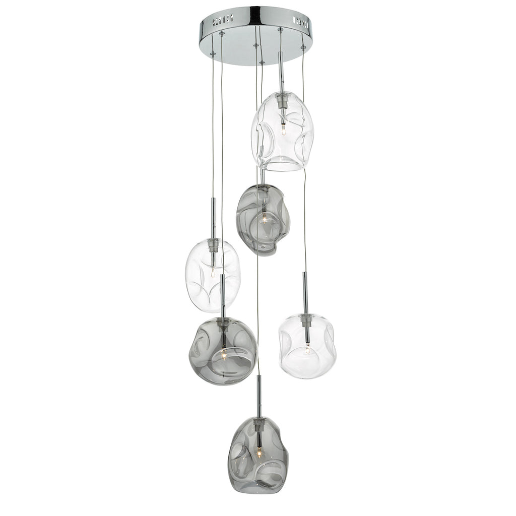 Quinn 6 Light Cluster Pendant Smoked &amp; Clear GlassPolished Chrome