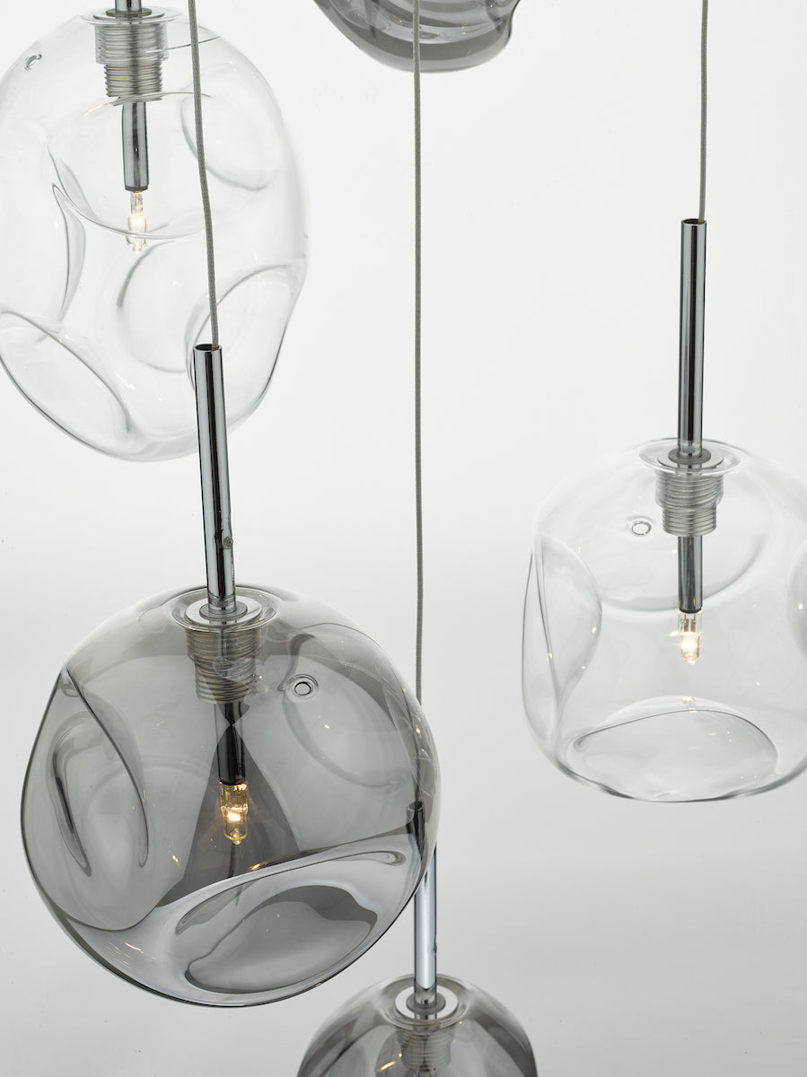Quinn 6 Light Cluster Pendant Smoked &amp; Clear GlassPolished Chrome