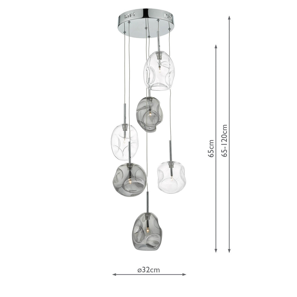 Quinn 6 Light Cluster Pendant Smoked &amp; Clear GlassPolished Chrome