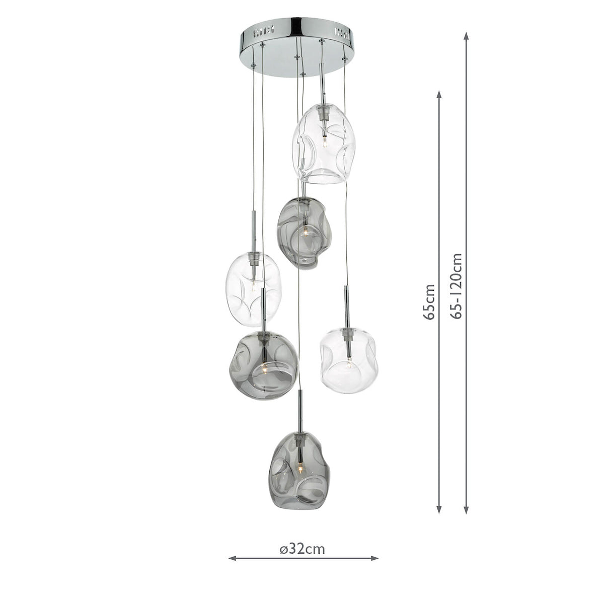 Quinn 6 Light Cluster Pendant Smoked &amp; Clear GlassPolished Chrome