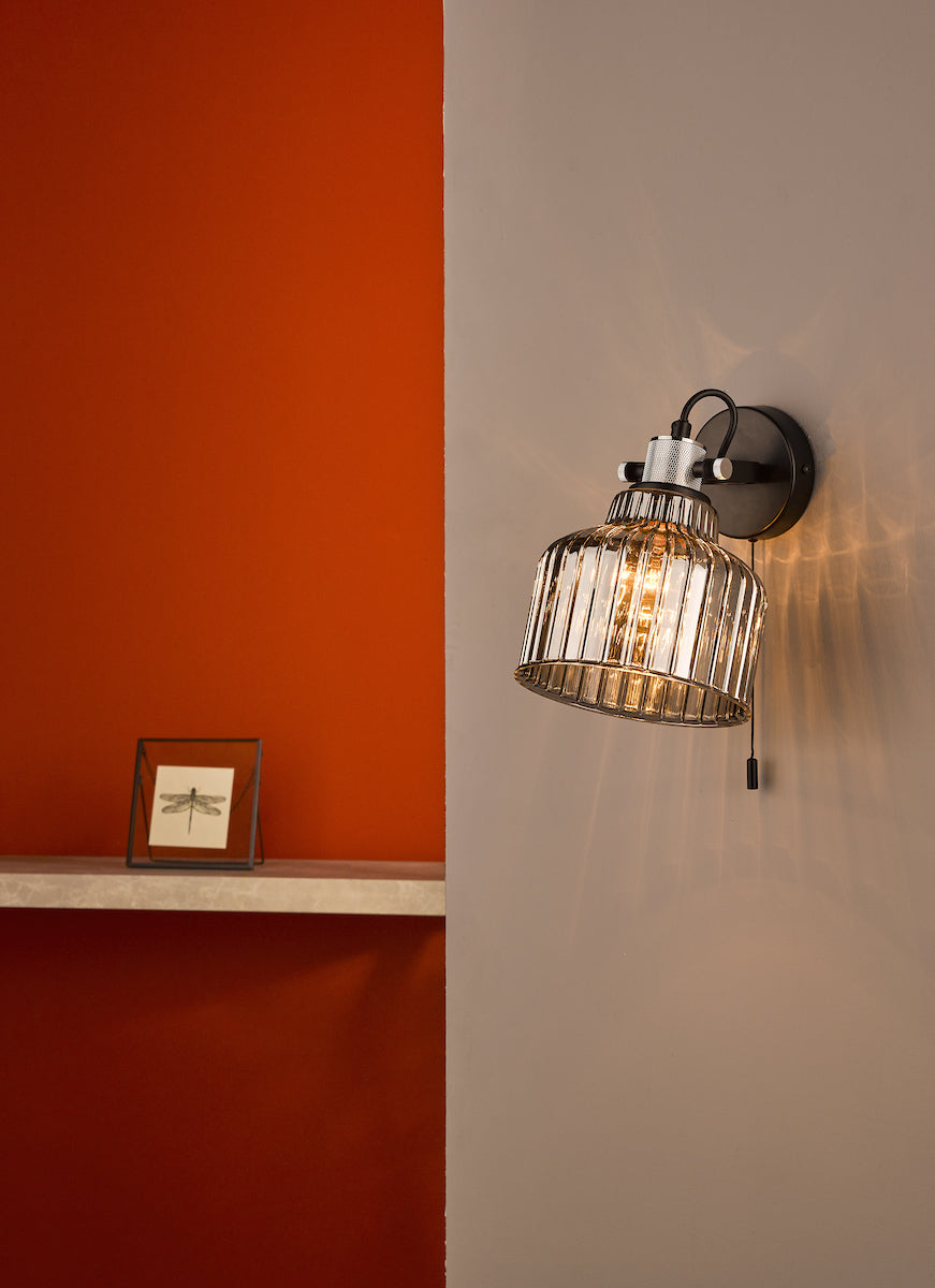 Rhode Wall Light Polished Chrome Smoked Glass<br>Smoked Ribbed Glass