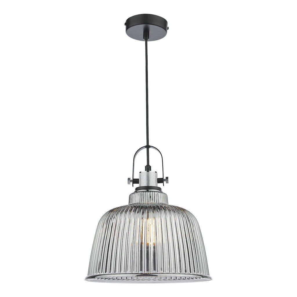 Rhode Single Large Pendant Polished Chrome Smoked Glass<br>Smoked Ribbed Glass
