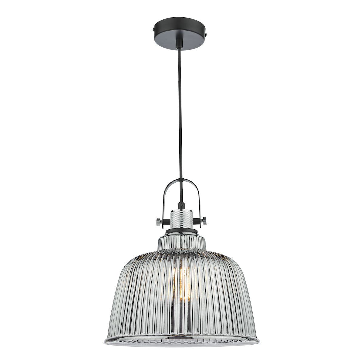 Rhode Single Large Pendant Polished Chrome Smoked Glass<br>Smoked Ribbed Glass