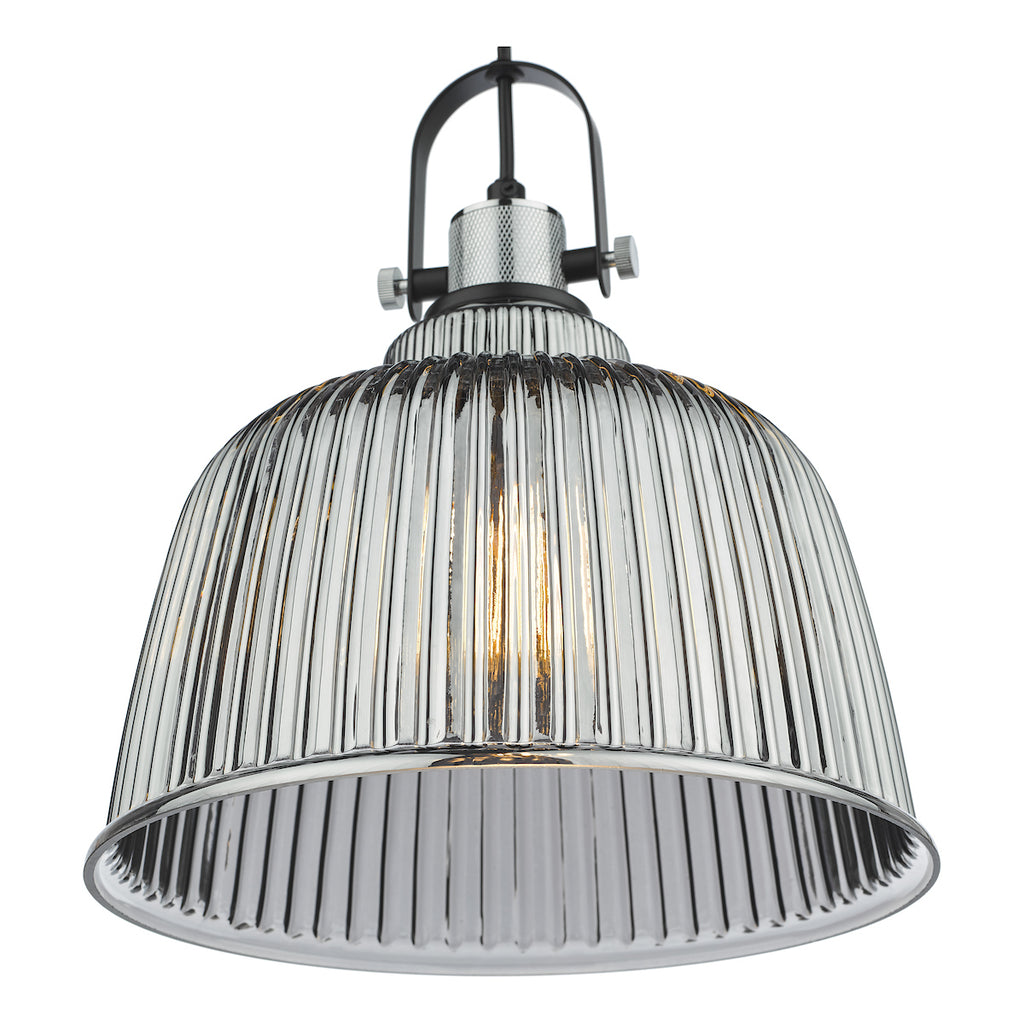 Rhode Single Large Pendant Polished Chrome Smoked Glass<br>Smoked Ribbed Glass