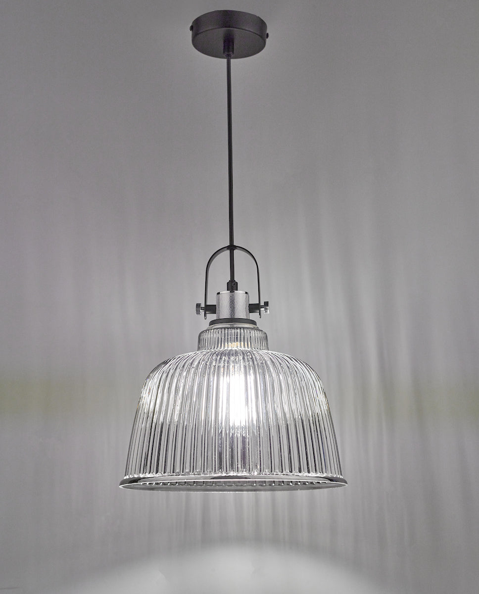 Rhode Single Large Pendant Polished Chrome Smoked Glass<br>Smoked Ribbed Glass