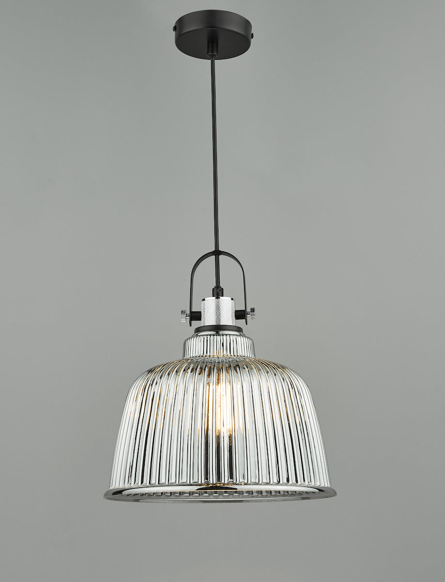 Rhode Single Large Pendant Polished Chrome Smoked Glass<br>Smoked Ribbed Glass