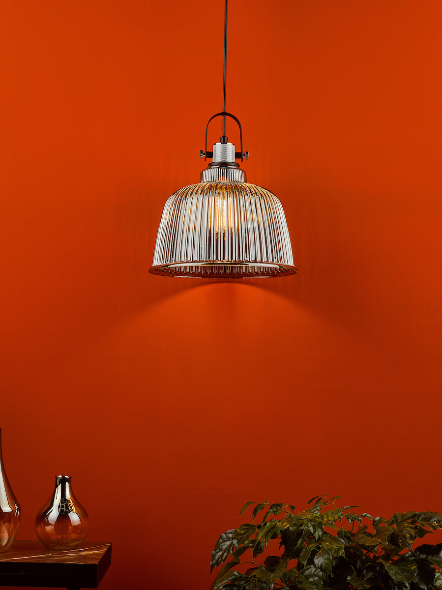 Rhode Single Large Pendant Polished Chrome Smoked Glass<br>Smoked Ribbed Glass