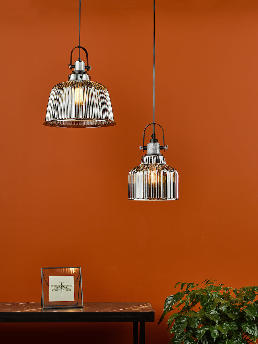 Rhode Single Large Pendant Polished Chrome Smoked Glass<br>Smoked Ribbed Glass