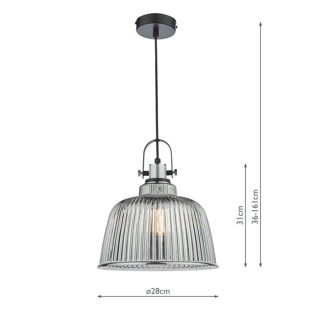 Rhode Single Large Pendant Polished Chrome Smoked Glass<br>Smoked Ribbed Glass