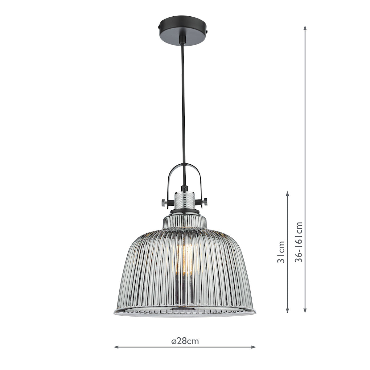 Rhode Single Large Pendant Polished Chrome Smoked Glass<br>Smoked Ribbed Glass