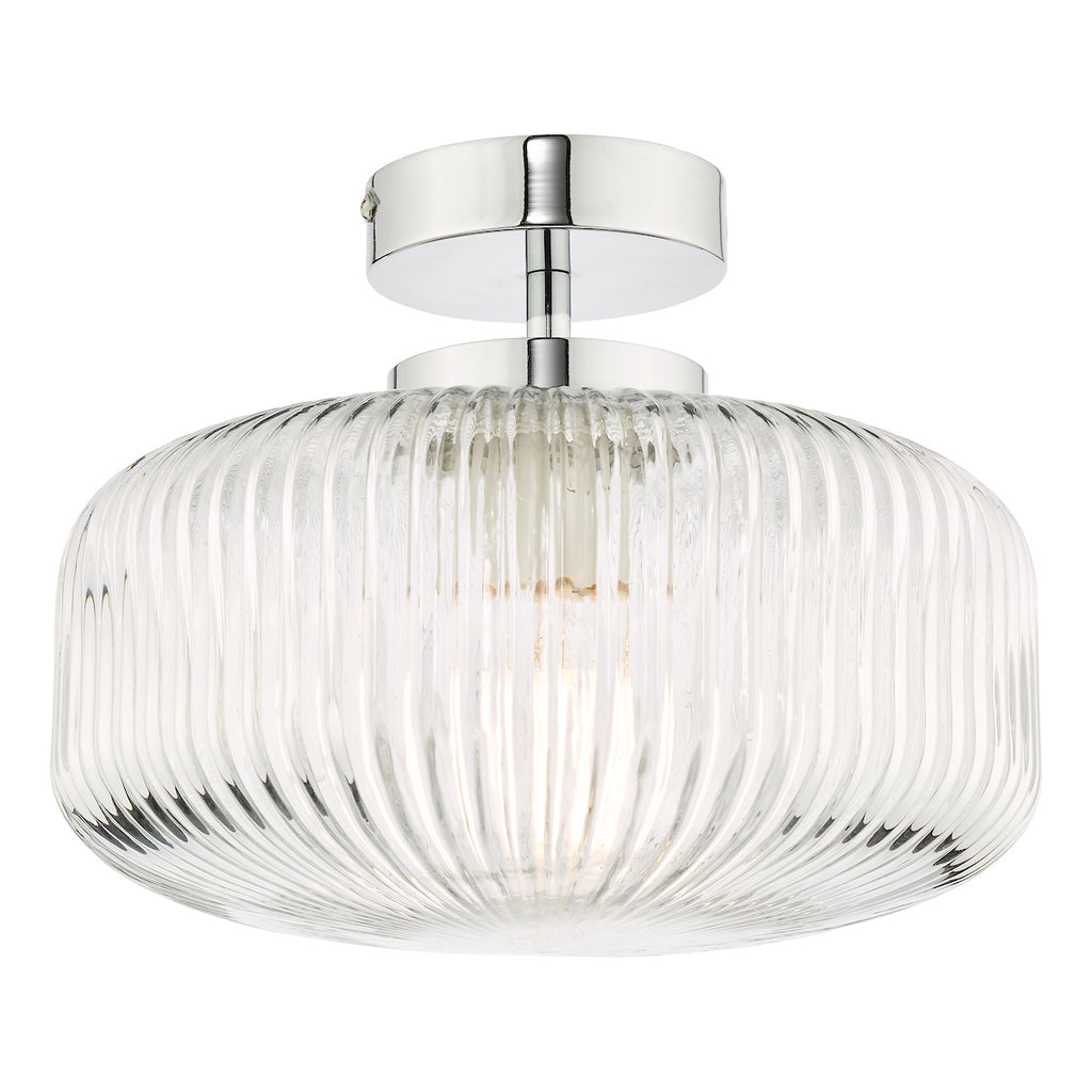 Riva Bathroom Semi Flush Ceiling Light Ribbed Glass Polished Chrome IP44<br>Ribbed Glass