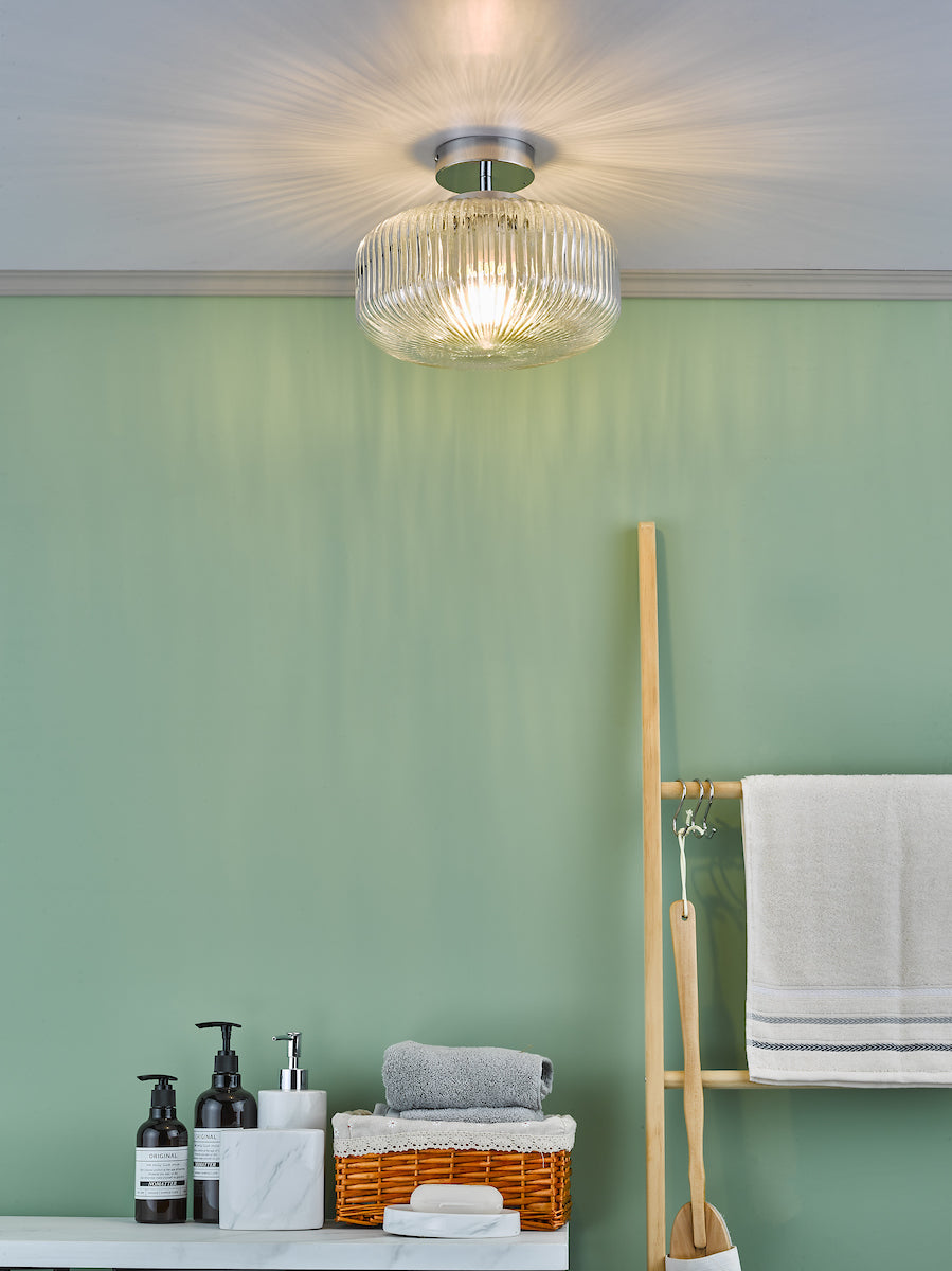 Riva Bathroom Semi Flush Ceiling Light Ribbed Glass Polished Chrome IP44<br>Ribbed Glass