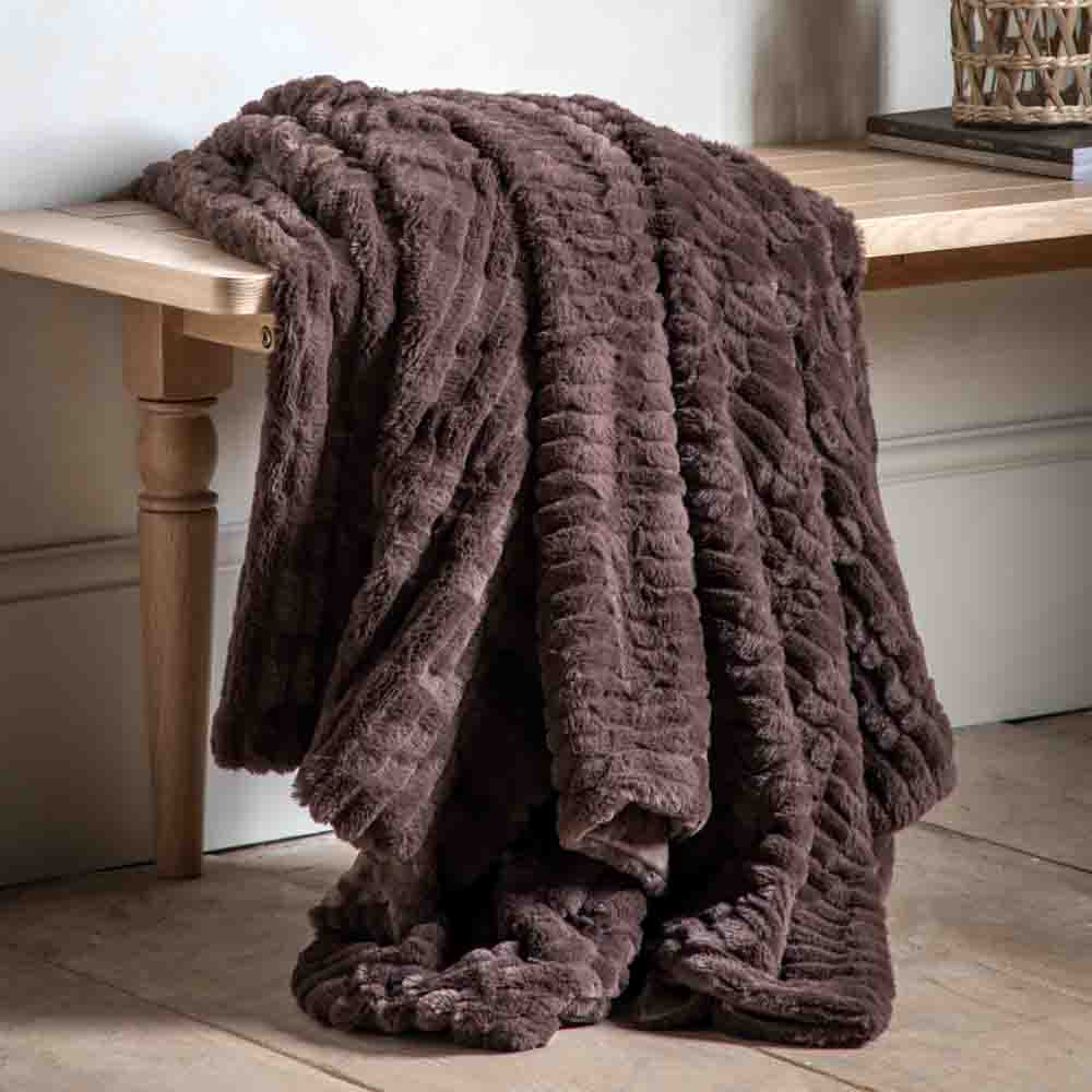 Textured Rabbit Faux Fur Throw Brown