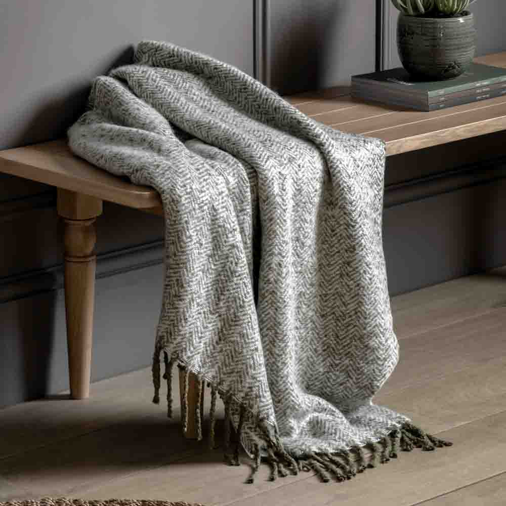 Herringbone Faux Mohair Throw Olive