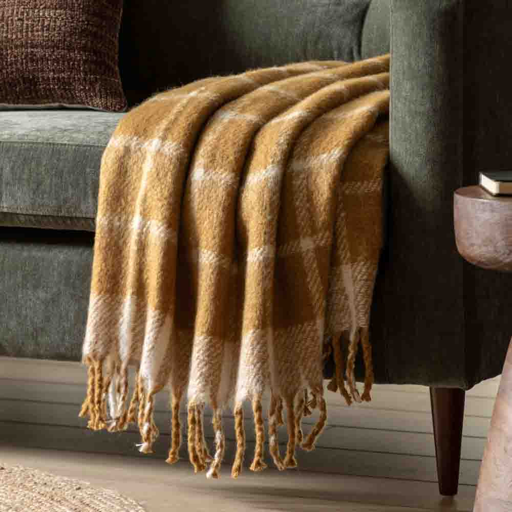 Poly Mohair Check Throw Mustard
