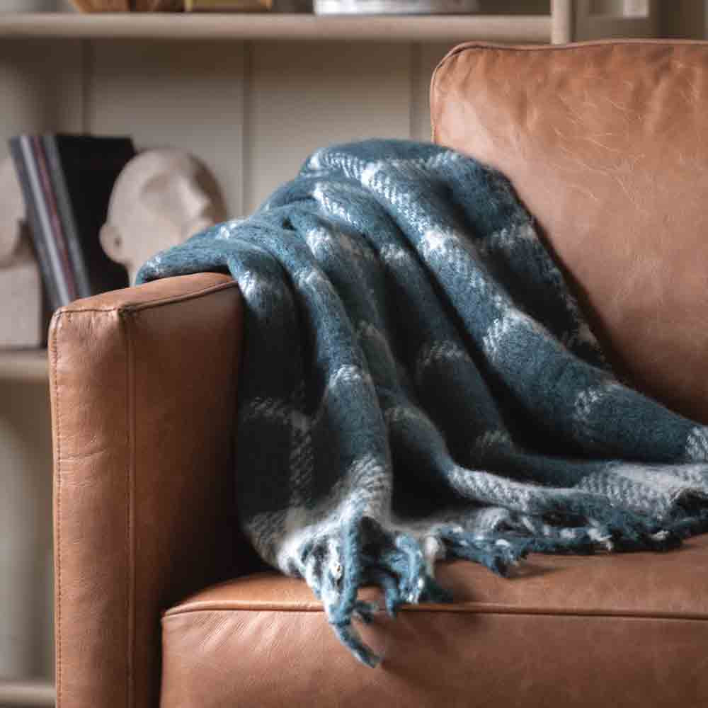 Poly Mohair Check Throw Blue