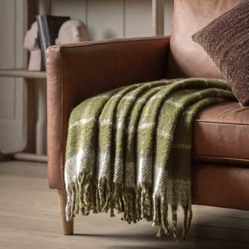 Poly Mohair Check Throw Green
