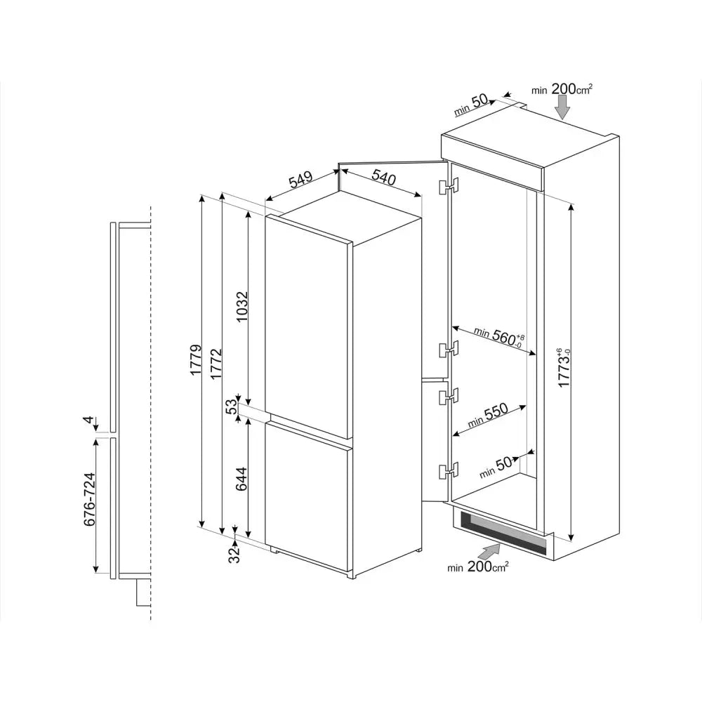 Smeg UKC8173N1E 178cm High 70/30 Integrated Fridge Freezer with Sliding Door Fixing Kit - White - E Rated