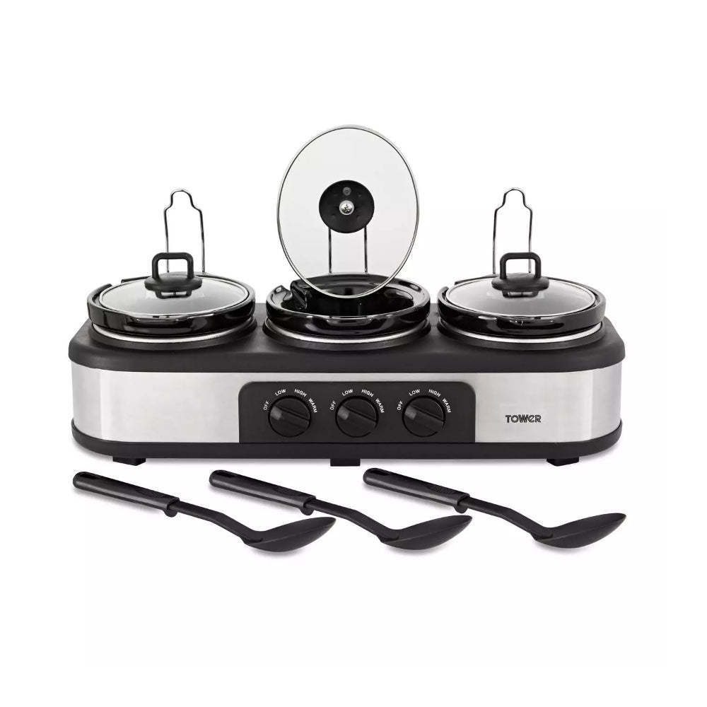 Tower T16015 Three Pot Slow Cooker 4.5L with Independent Temperature Controls - Stainless Steel