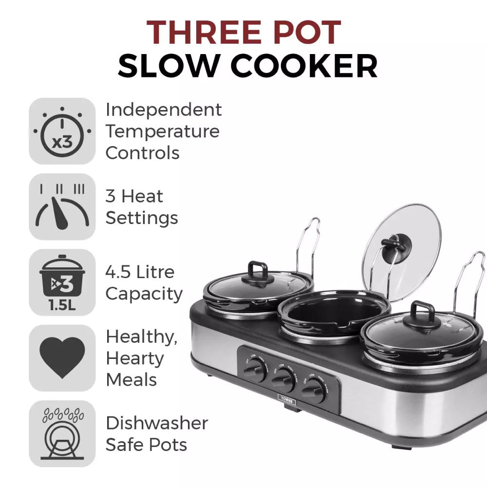 Tower T16015 Three Pot Slow Cooker 4.5L with Independent Temperature Controls - Stainless Steel