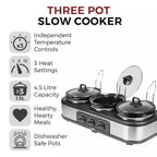 Tower T16015 Three Pot Slow Cooker 4.5L with Independent Temperature Controls - Stainless Steel