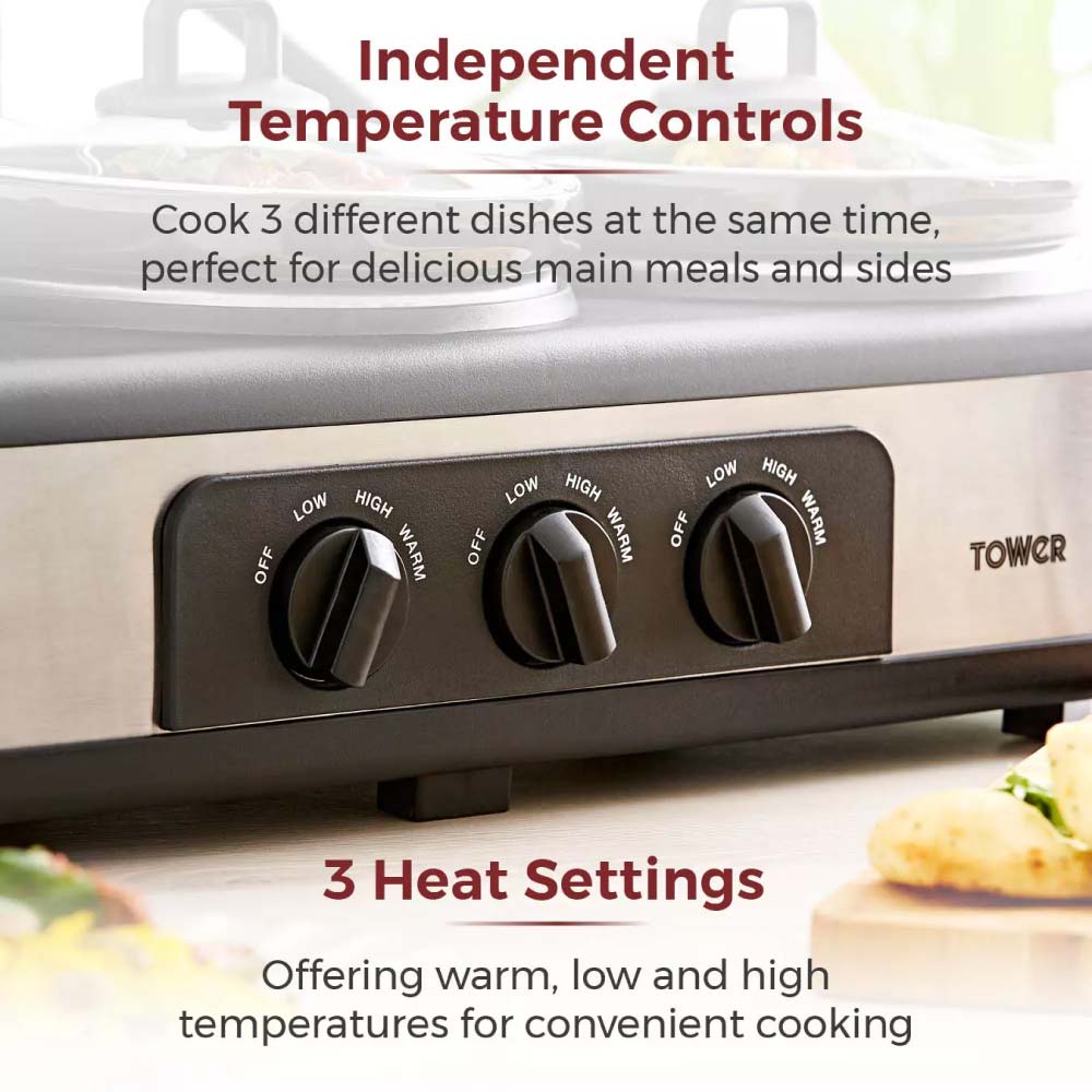 Tower T16015 Three Pot Slow Cooker 4.5L with Independent Temperature Controls - Stainless Steel