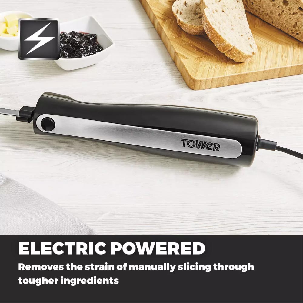 Tower T19028 Electric Knife with One Touch Operation & Storage Case - 120W, Black