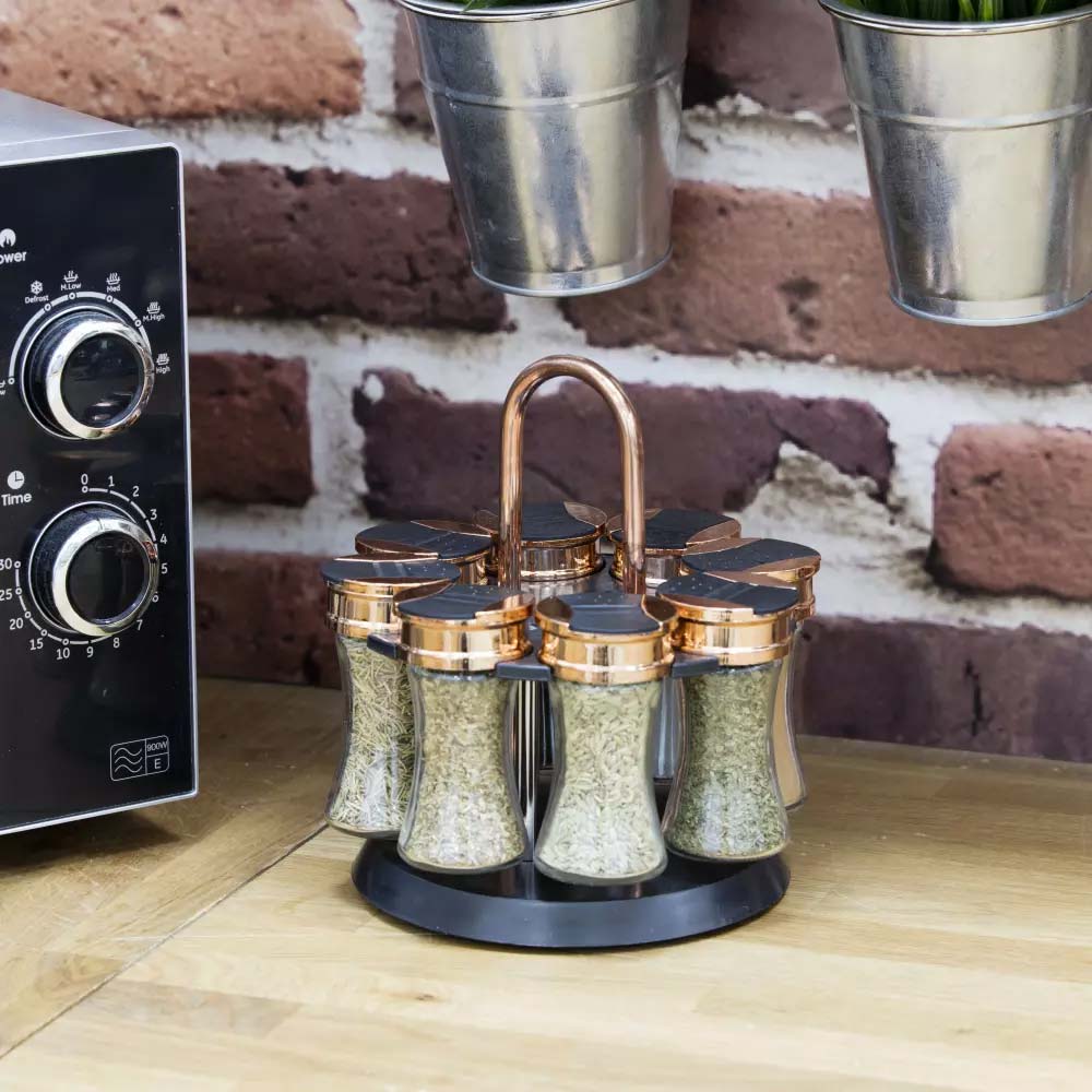 Tower T826020RM Rotating Spice Rack 8 Jars - Pre-filled Jars - Rose Gold