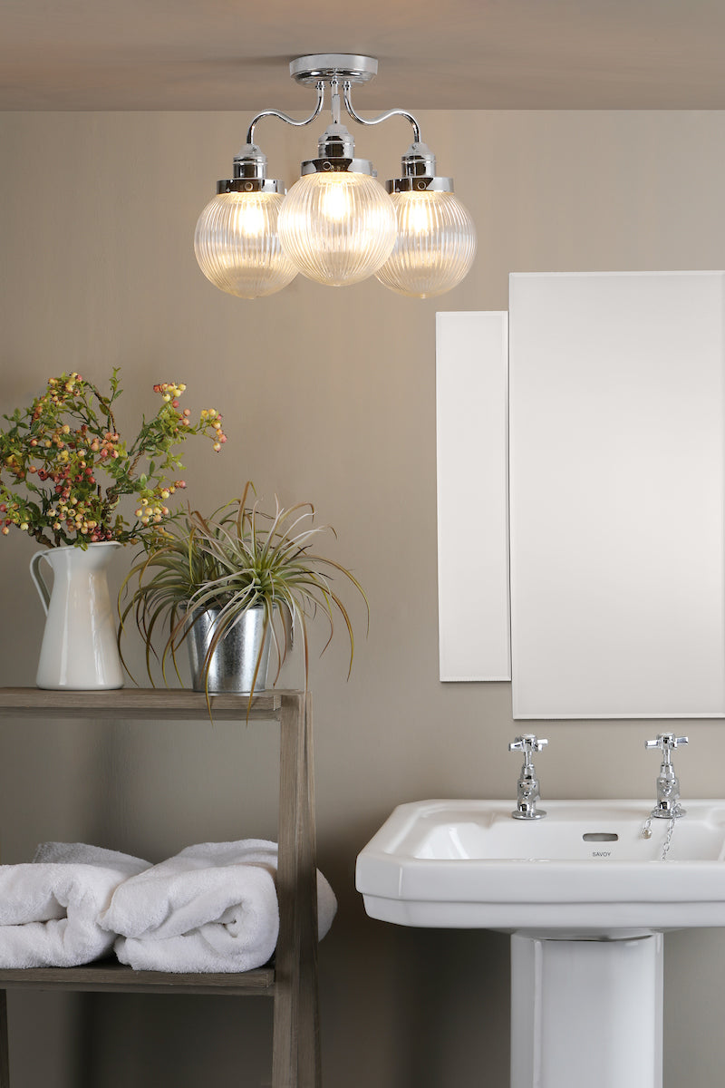 Tamara 3 Light Bathroom Semi Flush Polished Chrome Ribbed Glass IP44<br>Polished Chrome