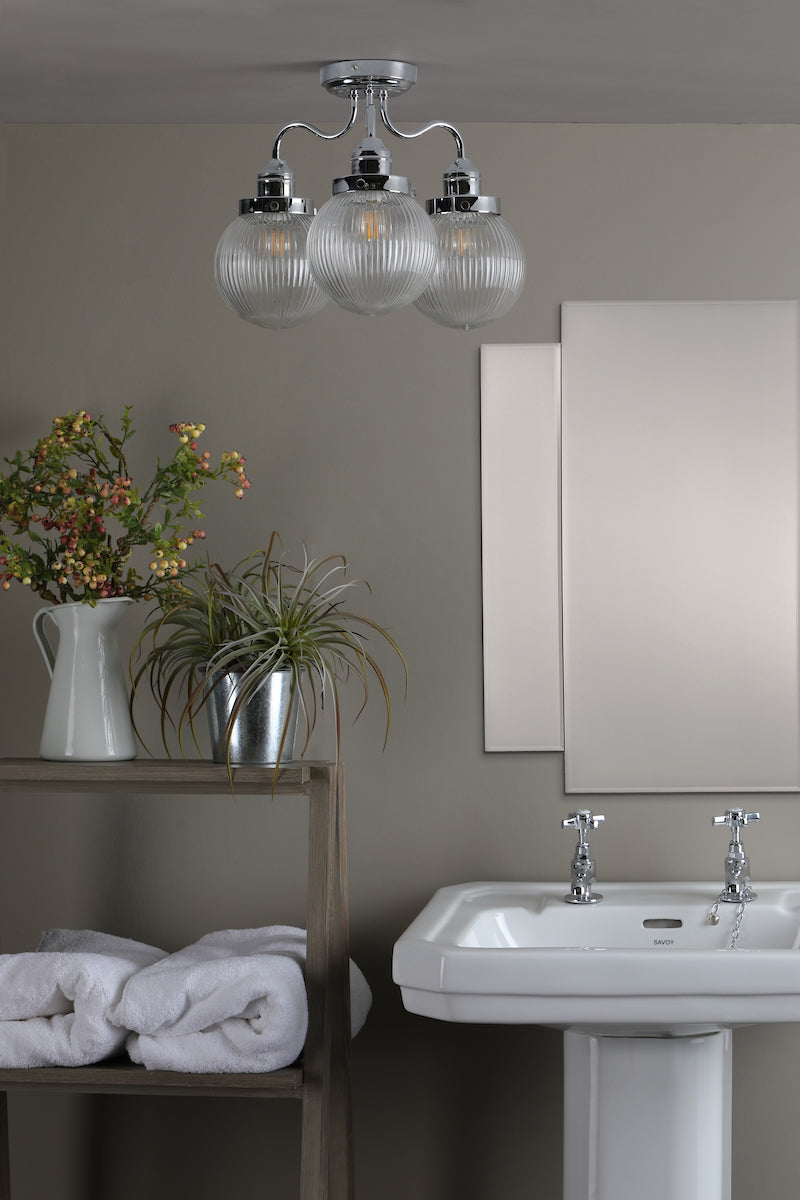 Tamara 3 Light Bathroom Semi Flush Polished Chrome Ribbed Glass IP44<br>Polished Chrome